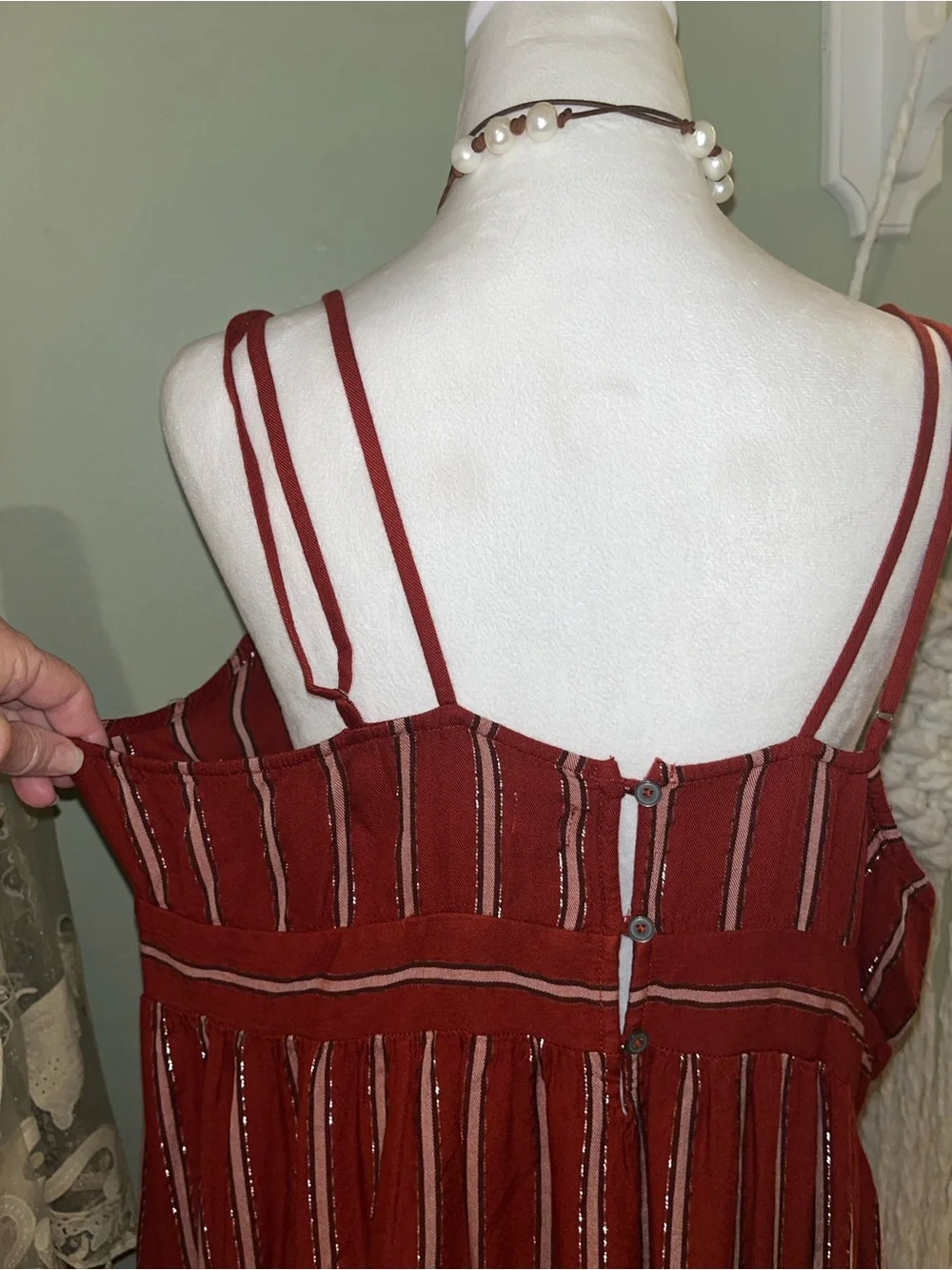 Adjustable Straps V-Neck Striped Maxi Dress in Deep Burgundy - Picture 5 of 12